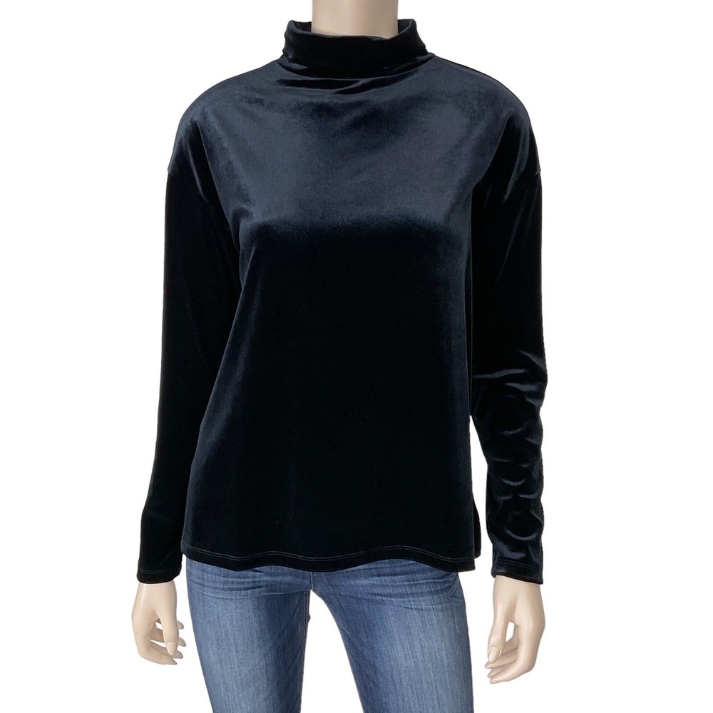 Nordstrom Top Womens Black Mock Neck Long Sleeve Velour Stretch Size XS NWOT